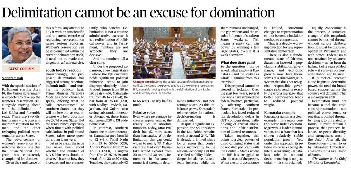 CMofKarnataka's tweet photo. "Women’s reservation is a long-overdue reform and we welcome it. But linking it to delimitation raises serious concerns - empowerment cannot be made contingent on redrawing political representation.

Delimitation is not just about increasing seats; it is about who benefits. The current approach risks concentrating power in a few large states, weakening Karnataka and the South, and undermining the federal balance.

I have explained these concerns in detail in my article in The Hindu. I urge everyone to read it."

- Chief Minister Shri @siddaramaiah 

https://t.co/1iiszU2D9P

#Delimitation @the_hindu