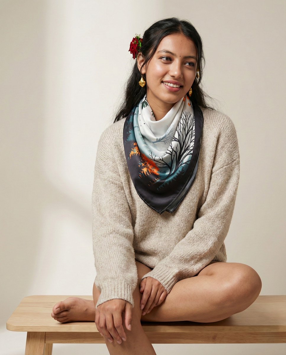 GreyExim's tweet image. Soft, like a quiet moment.

A satin scarf layered in subtle tones — inspired by nature, made for everyday ease.

Wrap it close.
Let it speak softly.

#GreyExim #SatinScarf #PrintedScarf #SoftStyle #EverydayElegance #MinimalFashion #ScarfStyling #AutumnAesthetic