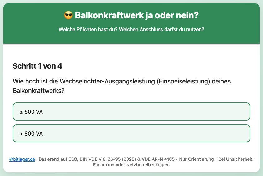 BitlagerPro's tweet image. Ist deine Mini-PV ein Balkonkraftwerk mit vereinfachter Anmeldung oder nicht? 

In 4 Schritten zum Ergebnis mit persönlicher Checkliste.

Beta:
blog.bitlager.de/ist-balkonkraf…