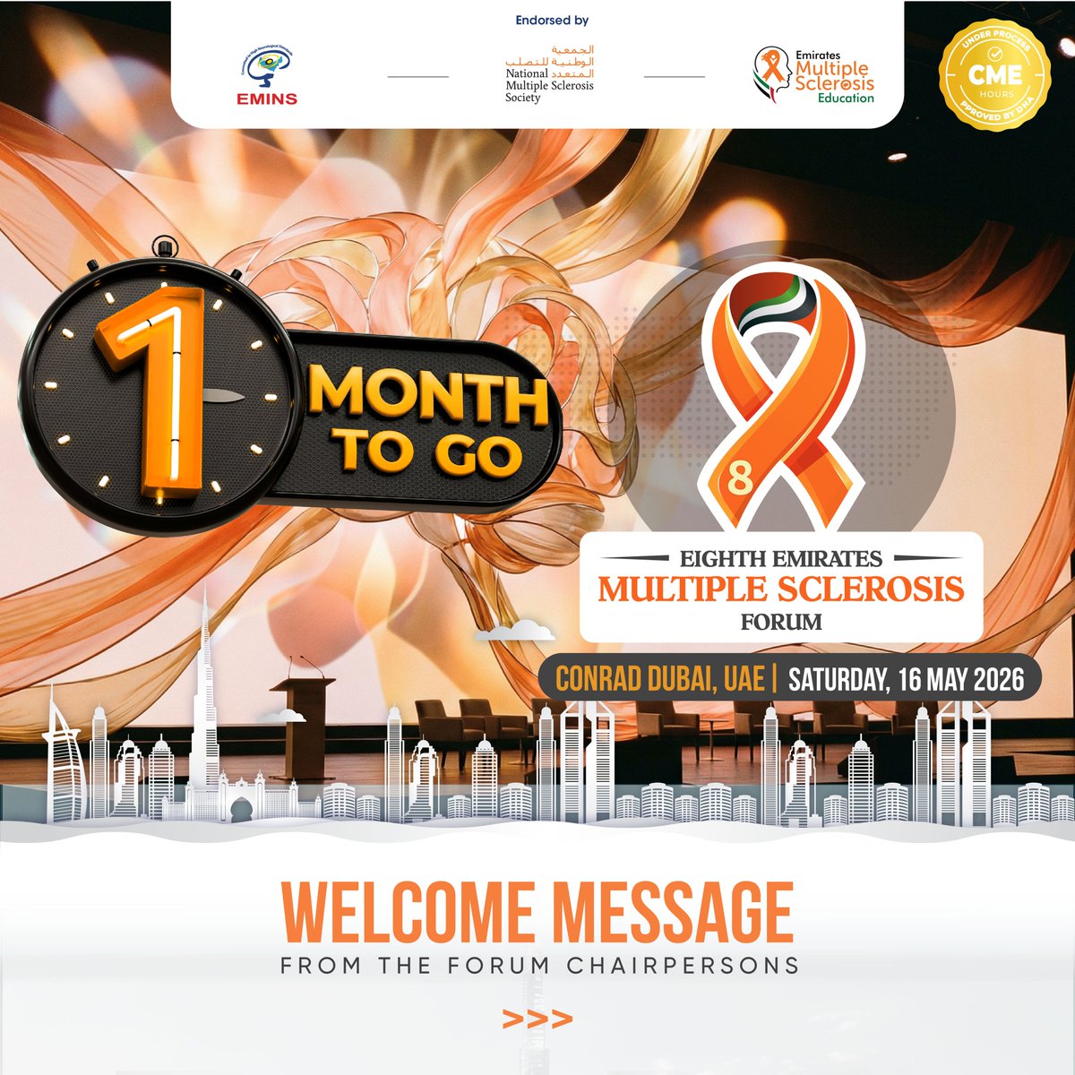 MCO_UAE's tweet photo. 1 month to the 8th Emirates Multiple Sclerosis Forum.
Two days. Advanced MS CME. Dubai. 
New therapies. Real cases. Regional relevance.
Registration Link: https://t.co/vUOQriPmYP #MultipleSclerosis #NeurologyUAE #MSForum2026 #MedTwitter #EMINS https://t.co/I2uQMpStOG