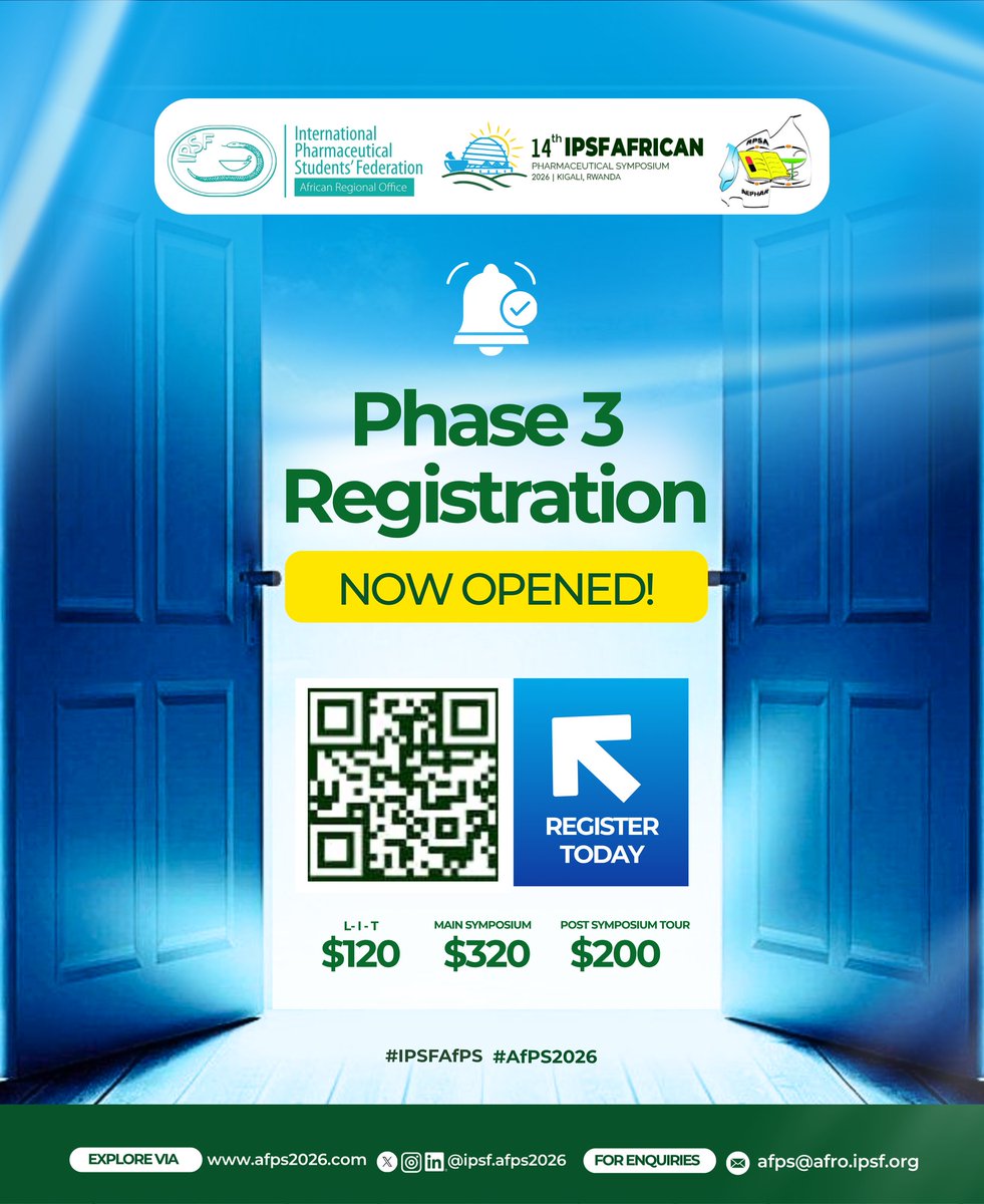 ipsfafps2026's tweet photo. 🚨 Phase 3 Registration is NOW OPEN! 

The wait is over—secure your spot at the 14th IPSF African Pharmaceutical Symposium in Kigali, Rwanda 🇷🇼

💡 Don’t miss out—register today and be part of impactful conversations.

📲 Scan the QR code or visit: https://t.co/ym24KKShoo https://t.co/XanO5VnMdH