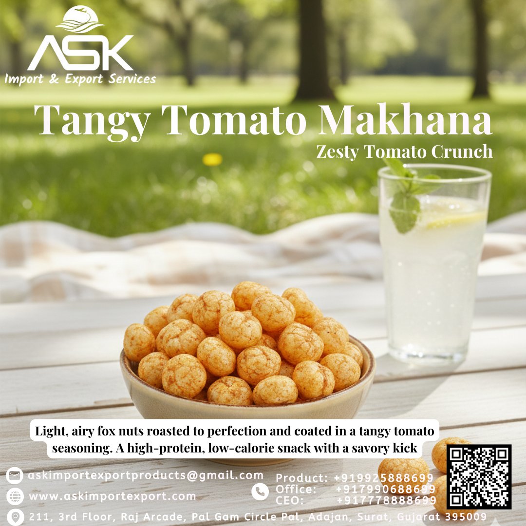 askimpoexpo's tweet image. Zesty Tomato Crunch!🍅✨

Enjoy our Tangy Tomato Makhana—light, airy fox nuts roasted to perfection and coated in savory seasoning. A high-protein, low-calorie snack with a delicious kick! Quality you can trust from ASK Import &amp;amp; Export Services.🌍
#HealthySnacking #ASKServices