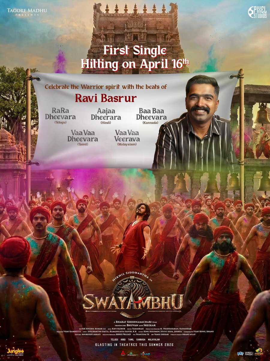 shreyasmedia's tweet photo. #Swayambhu First Single out on April 16th 🔥
BLASTING IN THEATRES THIS SUMMER 2026 🤩
#Nikhil #Samyuktha #NabhaNatesh #SenthilKumar #RaviBasrur #PixelStudios #TimesMusicHub https://t.co/8mk53n7Zp6