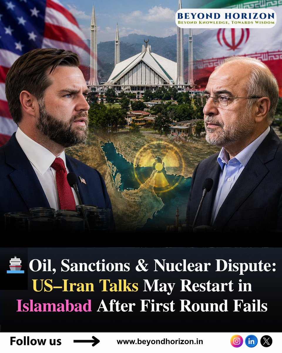 Beyondhori2296's tweet photo. US–Iran talks may return to Islamabad after no breakthrough in first round.

Key issues remain: nuclear program, sanctions, Strait of Hormuz—but both sides still open to dialogue.

👉 Read full story:
 https://t.co/dMhjCf28Of

#usiranceasefire #islamabadpeacetalk #BeyondHorizon https://t.co/sq87kpiJLu