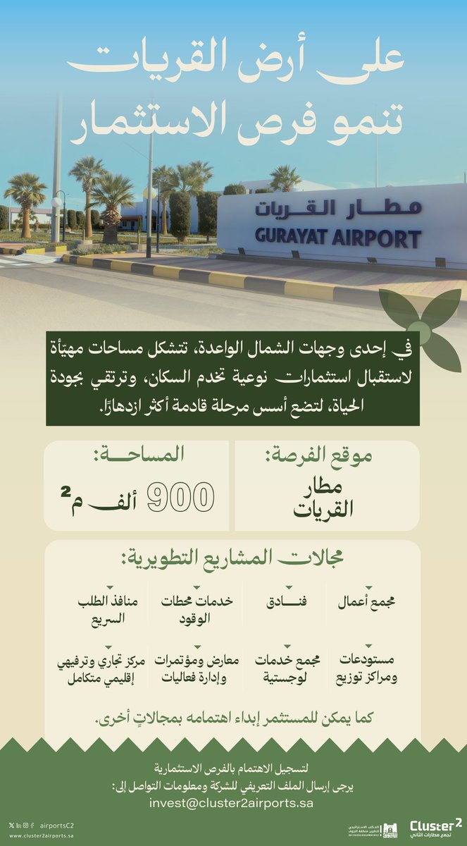 airportsC2's tweet photo. محطة تنبض بالفرص… ويزدهر فيها الاستثمار.
#مطار_القريات يتيح مساحات استثمارية تُلهم مشاريع مبتكرة ترتقي بتجربة السفر، وتُسهم في ترسيخ مكانة الوجهة في المنطقة.

نفتح المجال للمستثمرين لصناعة تجارب استثنائية:
✉️invest@cluster2airports.sa

#تجمع_مطارات_الثاني https://t.co/WDhwDNJGWZ