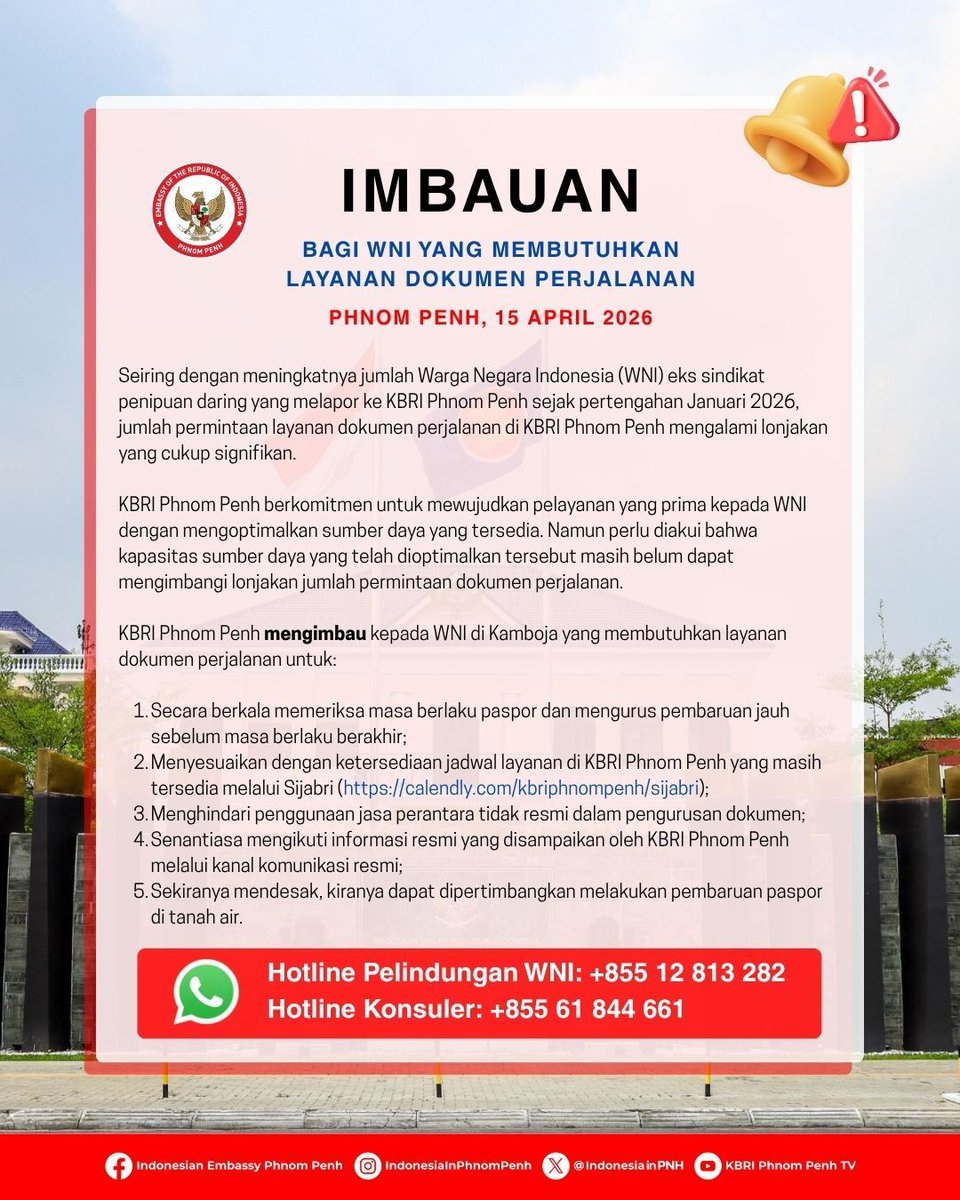 IndonesiainPNH's tweet image. Lonjakan WNI eks sindikat penipuan daring sjk Jan 2026 berdampak pd meningkatnya permintaan dokumen perjalanan di #KBRIPhnomPenh. Kapasitas layanan telah dioptimalkan tapi belum dpt mengimbangi tingginya permintaan

#IniDiplomasi #DemiNKRI #NegaraMelindungi #WNIKamboja #Kamboja