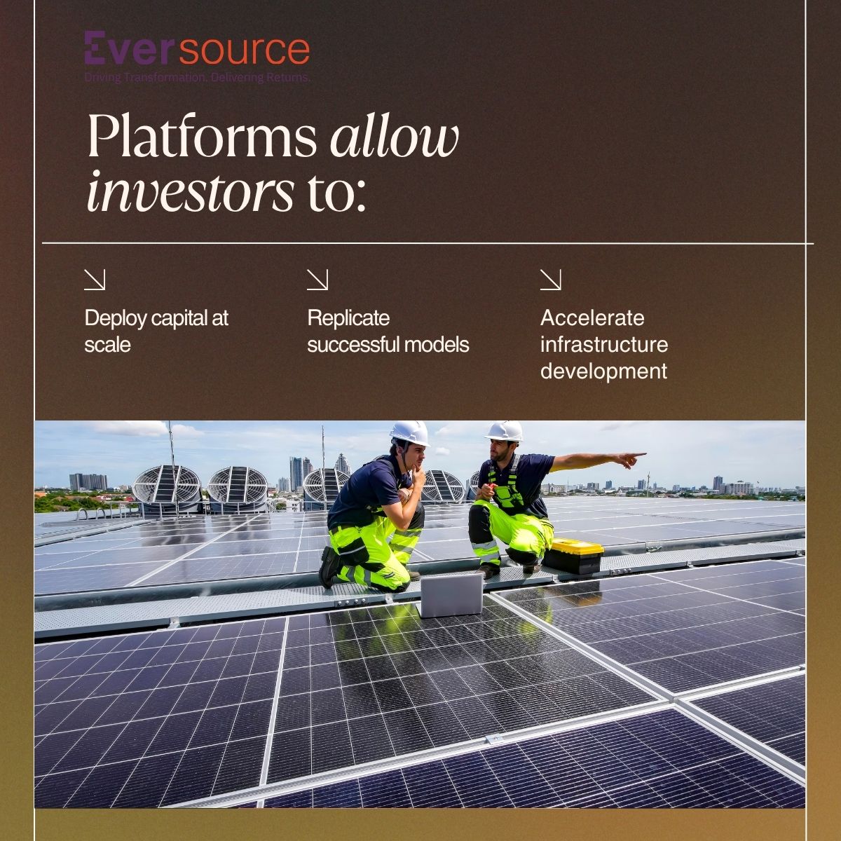 EversourcePE's tweet photo. Project-by-project financing can't deliver the speed &amp; scale for energy transition. Investors are shifting to platform-based strategies that enable faster capital flow, standardized risk frameworks &amp; accelerated infrastructure deployment.
#PlatformInvesting https://t.co/TQ6cXTMZVK