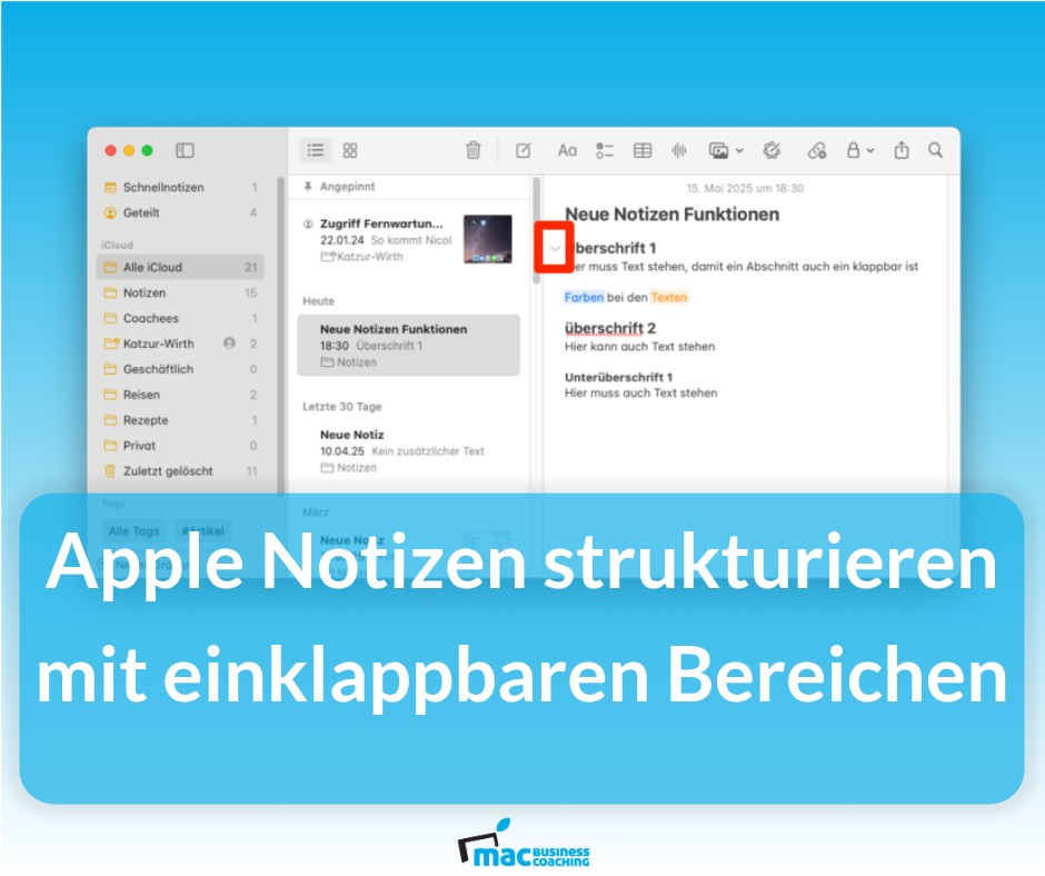 Einklappbare Abschnitte in Apple Notizen auf dem Mac

So geht’s >> mac.bz.it/z6plr

#apple #mac #iphone #ipad #aufgeraeumt #papierlos #schnell #produktivität #automatisierung #macbusinesscoaching #arbeitenwieinderzukunft