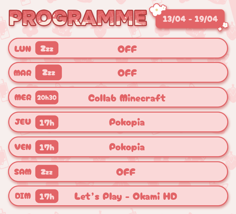 OriNyaberry's tweet photo. 🍓 Planning de la semaine (13/04 → 19/04) 🍓

🎮 Mer 20h30 → Collab Minecraft
🌸 Jeu 17h → Pokopia
🌸 Ven 17h → Pokopia
🖌️ Dim 17h → Let’s Play Okami HD

#NyabsLive #FraiseSquad #FraisePotes #Vtubers #vtuberfr https://t.co/9dXYS3oGcF
