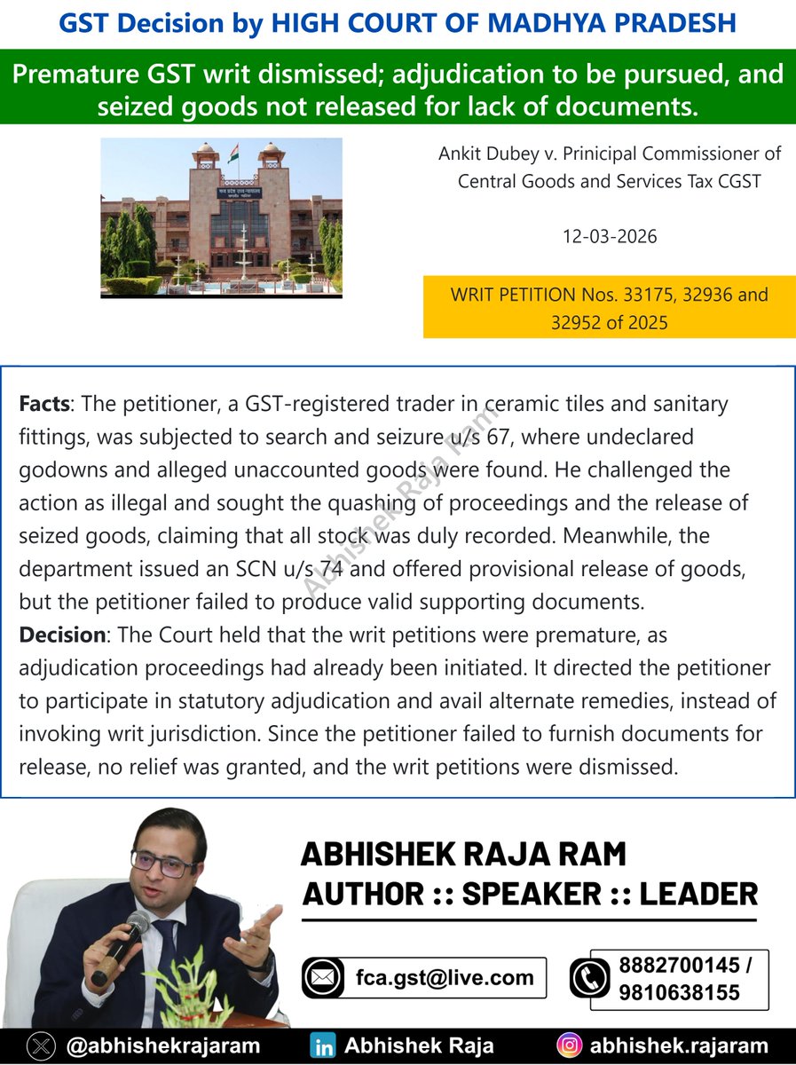 abhishekrajaram's tweet image. High Court held GST writ premature; adjudication ongoing. Petitioner failed to provide documents for seized goods release. Court advised statutory remedy use, denying relief and dismissing petitions.
#GST #HighCourt #TaxLaw

👉 Stay updated on GST—join our WhatsApp group for more