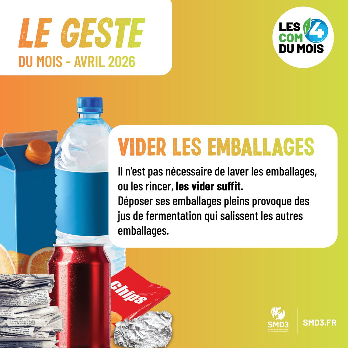 SMD3dordogne's tweet image. ♻️ Le geste du mois – Avril 2026
💡 Vider ses emballages
Pas besoin de les laver ni de les rincer : pensez simplement à bien les vider avant de les jeter dans le bac de tri.
🚫 Des emballages encore pleins peuvent provoquer des jus de fermentation.
#TriDesDéchets #Recyclage