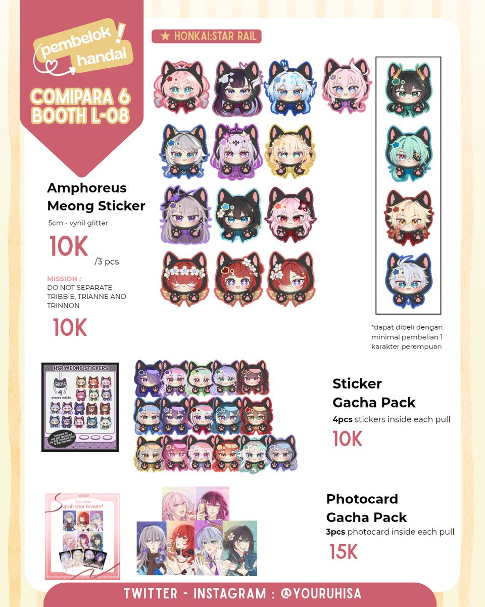 <a href="/youruhisa/">yoru 🪽 | Comipara6 - L08!</a>'s #comipara6catalogue ! 
OTS only (after sale soon) 
📌 Pembelok Handal Booth L08
🧸 Honkai : Star Rail, HSR, Hololive EN, Hololive ID, Alien Stage, Tamen de Gushi

(1/2)