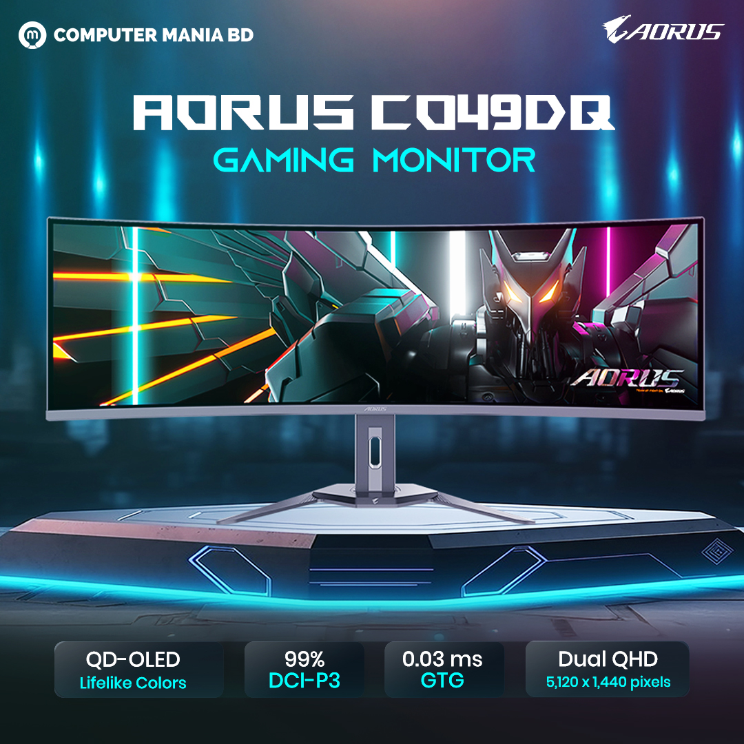 ComputerManiaBD's tweet image. AORUS CO49DQ Gaming Monitor - ultra wide view, lifelike color আর ultra-fast performance এর perfect combo!

• QD-OLED Display
• 99% DCI-P3 Color
• 0.03ms GTG Response
• Dual QHD (5120×1440)

Big screen, smooth gameplay, ultimate immersion

#GIGABYTE #AORUS #CO49DQ