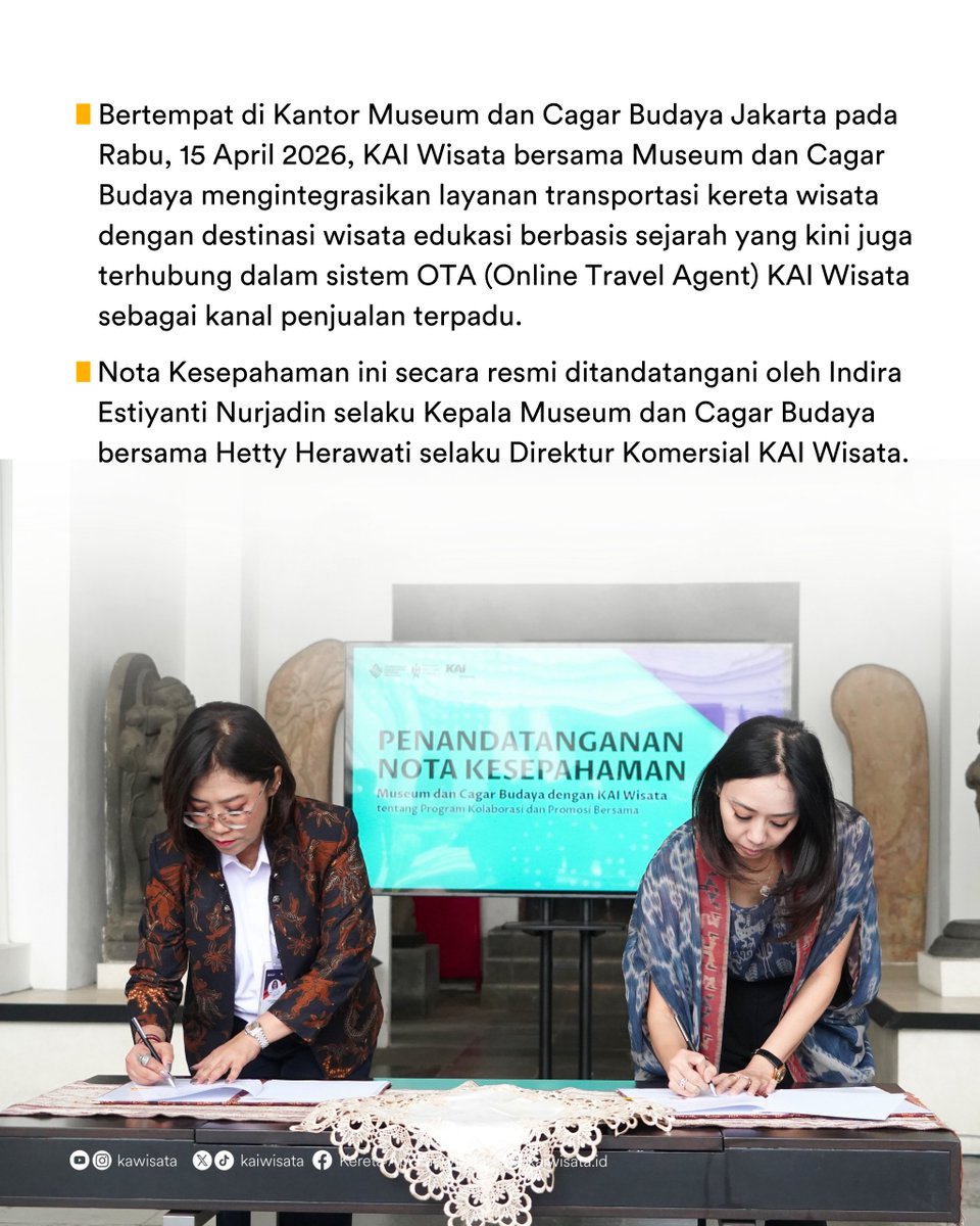 kaiwisata's tweet image. Hai #SahabatKAIWisata
Pada Rabu, 15 April 2026
KAI Wisata bersama Museum dan Cagar Budaya hadirkan integrasi transportasi dan wisata edukasi berbasis OTA (Online Travel Agent).

#KAIWisata #MoU #Kolaborasi #MuseumdanCagarBudaya