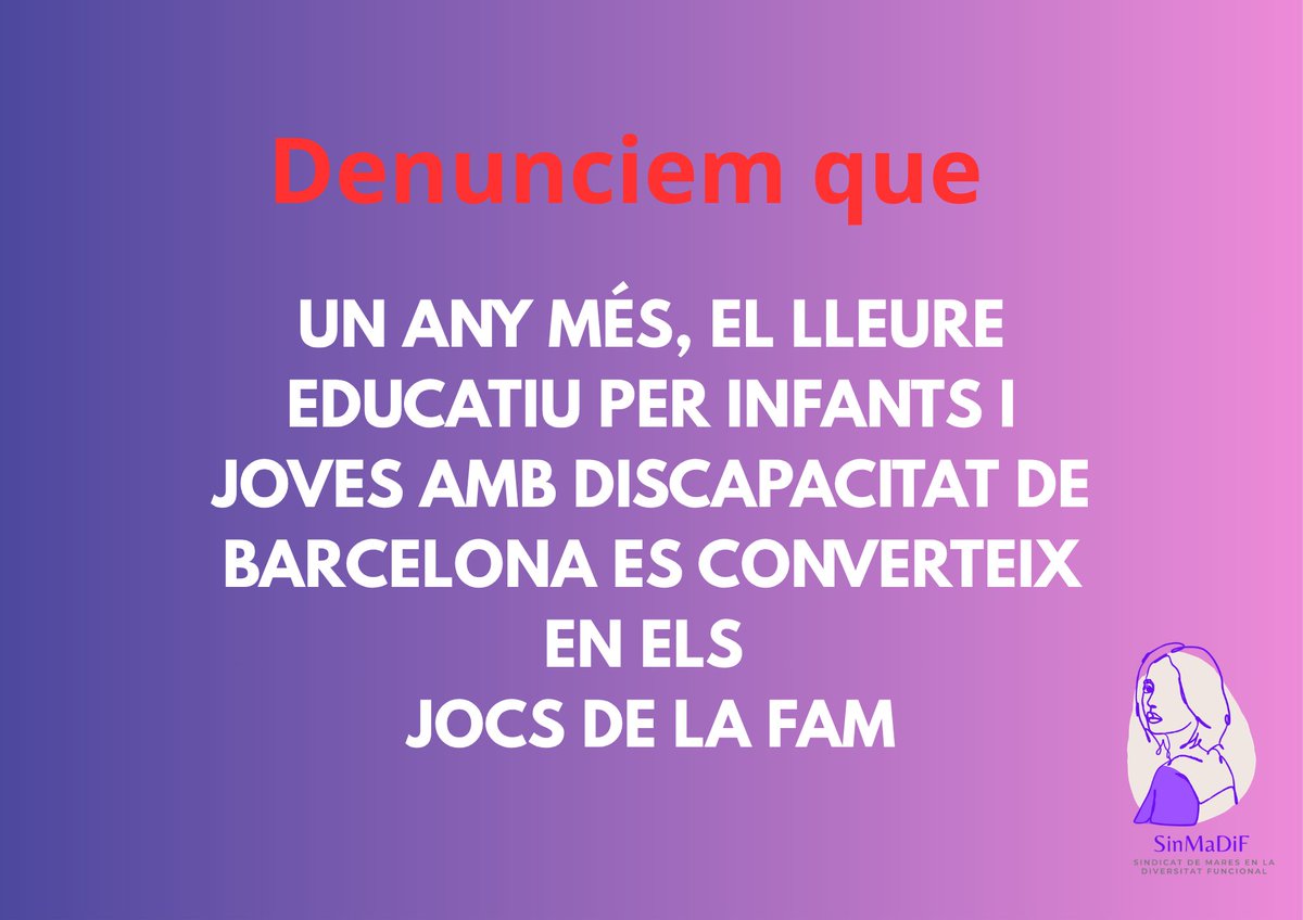 SindicatMares's tweet photo. EL LLEURE EDUCATIU NO EXISTEIX PELS INFANTS/JOVES DISCAPACITATS!
✖️Maranya administrativa de 1r grau:
1⃣Atorgament de beques pels casals d'estiu
provisional, NO definitiu
2⃣Preus per infants/joves amb discapacitat són abusius
3⃣Només es bequen 3 setmanes
4⃣Sense transport adaptat https://t.co/JsonHDRznL