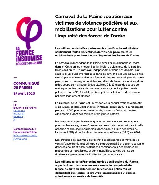 Cette année encore, le Carnaval de la Plaine a été l'occasion d'un déferlement de violences policières 

Nous  apportons notre plein soutien aux carnavalier·es qui ont été blessé·es. Toutes les preuves témoignant des violences doivent être  mises au service de l'enquête

Notre CP