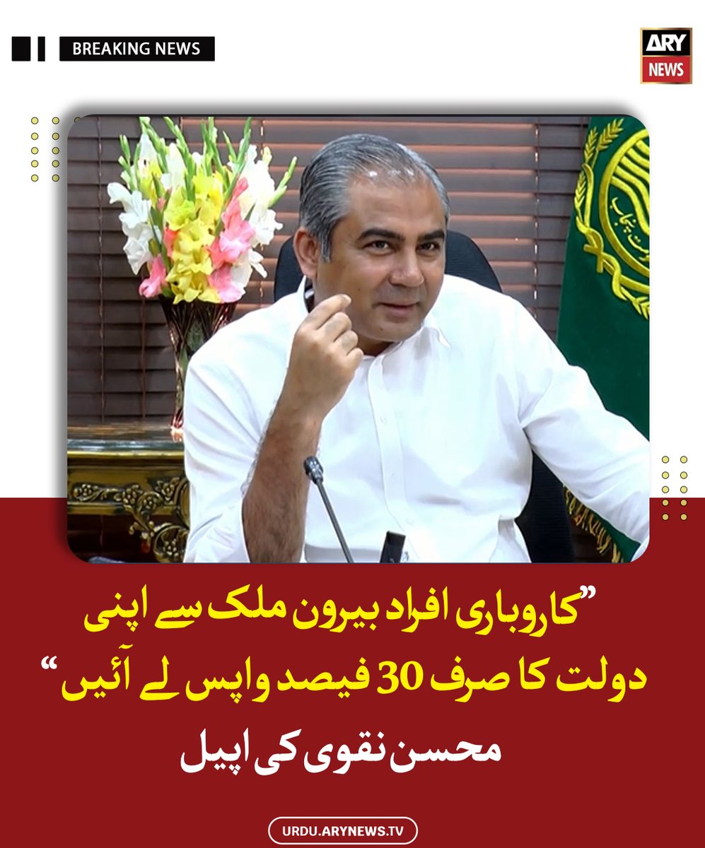 arynewsud's tweet image. کاروباری افراد بیرون ملک سے اپنی دولت کا صرف 30 فیصد واپس لے آئیں، محسن نقوی کی اپیل

مزید پڑھیں : urdu.arynews.tv/mohsin-naqvi-a…

#ARYNewsUrdu #MohsinNaqvi