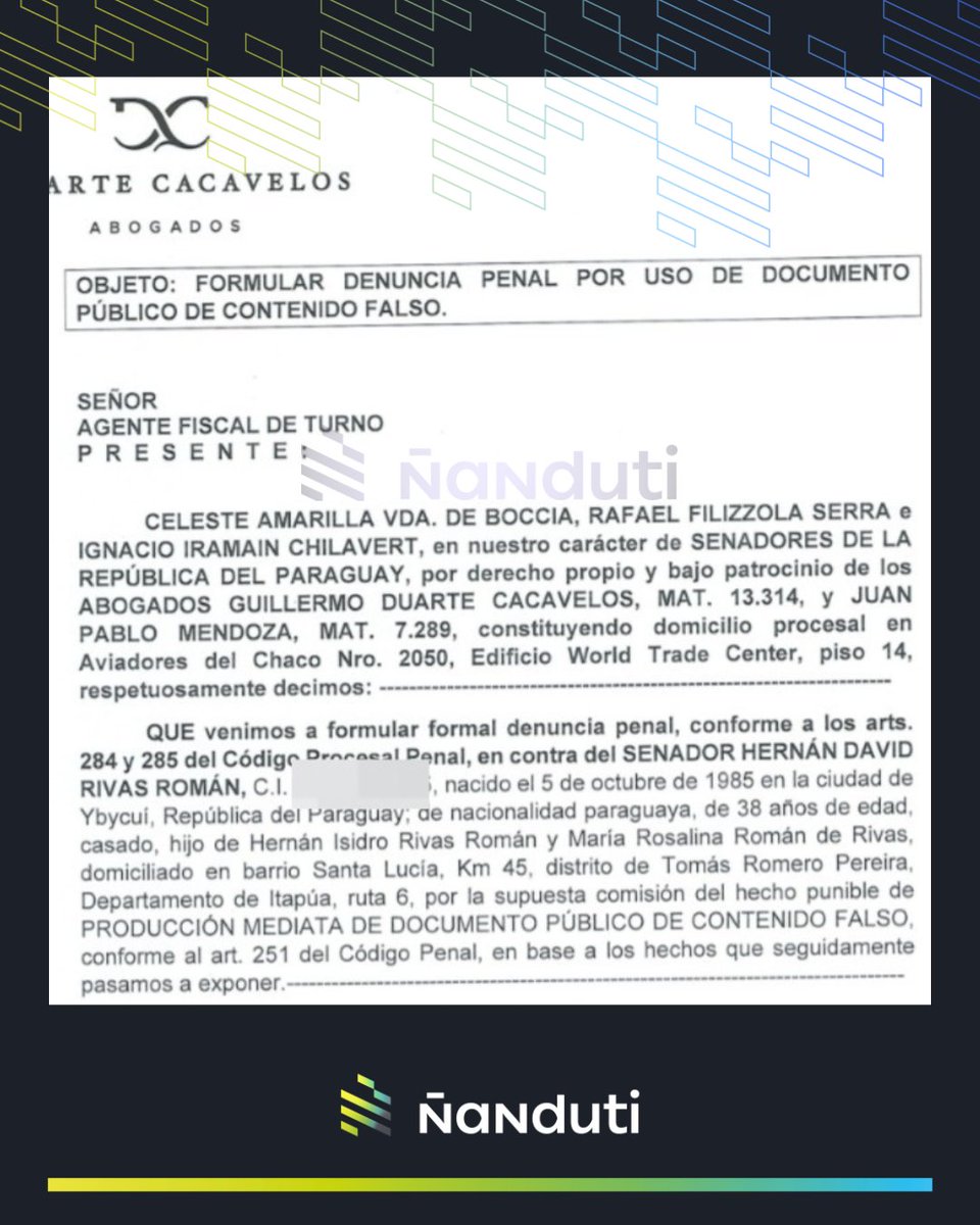#AHORA | Senadores opositores presentarán una denuncia penal contra Hernán Rivas

▪️Los legisladores Celeste Amarilla, Ignacio Iramain y Rafael Filizzola, anunciaron que en el transcurso de la mañana se presentarán ante la Fiscalía General del Estado.

▪️La denuncia hace