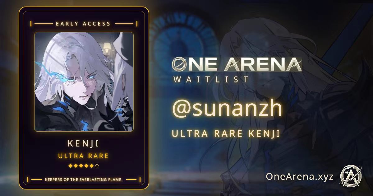 sunanzh's tweet photo. Just pulled a ULTRA RARE KENJI badge from registering the waitlist for One Arena @Rosentica!

Can't wait to battle and win more grails with my RWA cards!

See you in the Arena ⚜️
#OneArena #Rosentica
https://t.co/7uNe0Nuie0 https://t.co/wQe1b08IXB