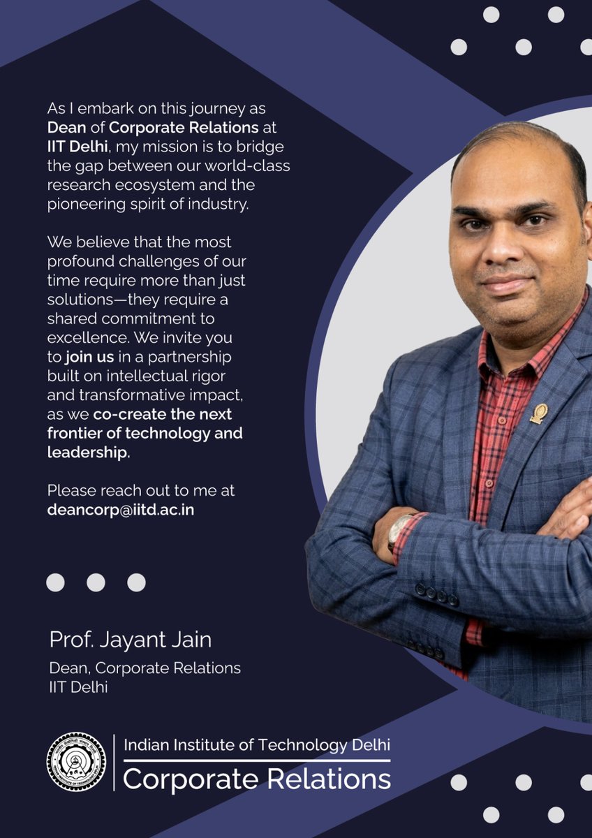 iitdcr's tweet photo. I warmly invite you to collaborate with us as we co-create solutions, nurture talent, and shape the future.

I look forward to engaging with you. Write to me at: deancorp@iitd.ac.in https://t.co/Qyow1DPj8I