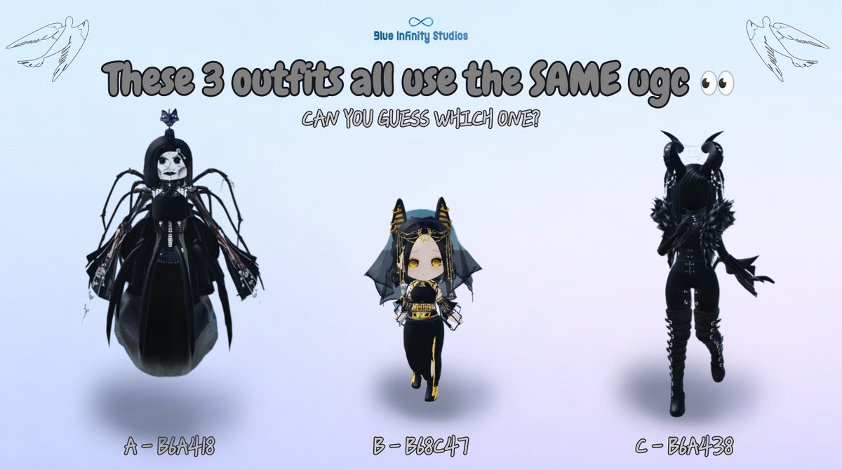 Inf1n1tyShad0w's tweet photo. These 3 outfits all use the SAME ♾ ugc… 👀
It’s not as obvious as it looks, but can you guess which one?
I’ll gift ♾️ tan flared goth pants to one correct answer 
Comment ↓

CAC codes:
A - B6A418 by SAYURyF0F4
B - B68C47 by Mayedith16 
C - B6A438 by MEYMEY_QT21 

#roblox  #robloxoutfits #robloxgame #blueinfinitystudios #robloxugc #goth #anubis