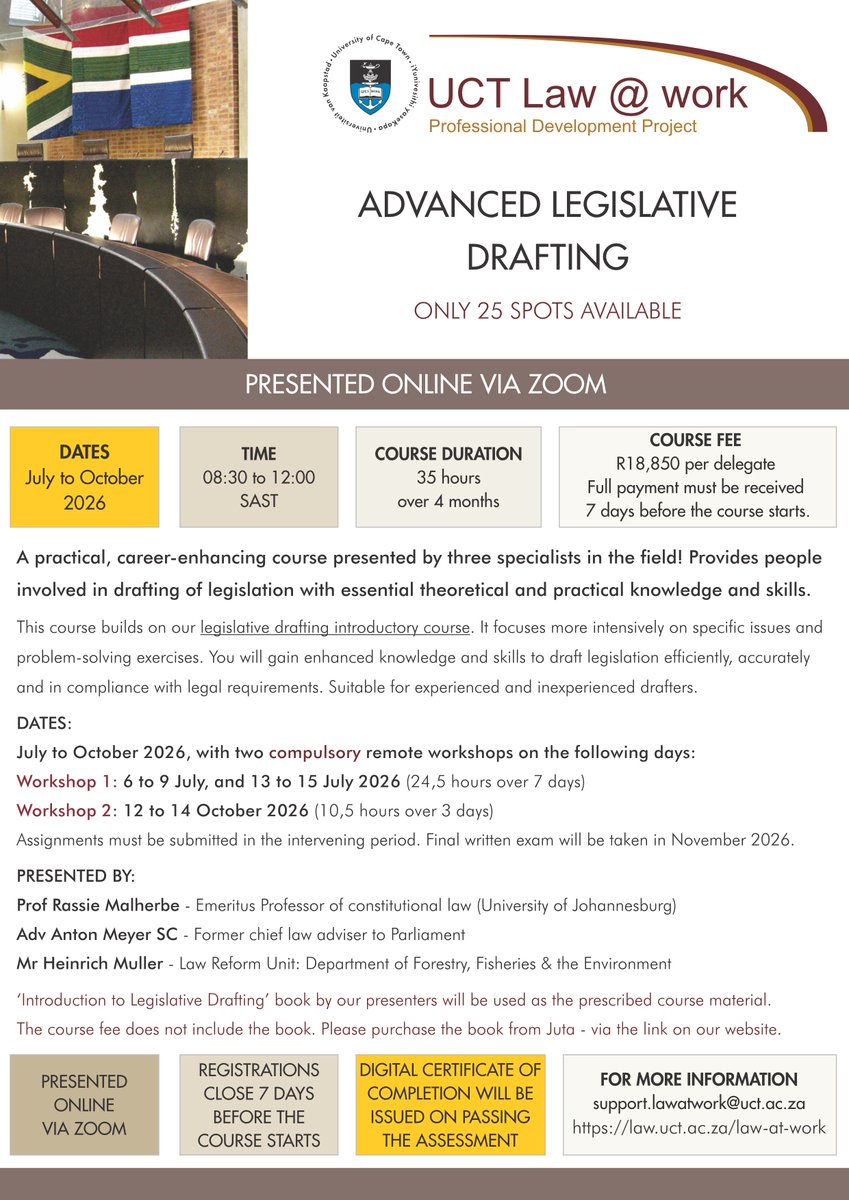 UCT_Law_at_work's tweet image. Only 25 spots! This practical, career-enhancing course, led by specialists, gives you essential skills for legislative drafting. Online workshops July–Oct 2026. Secure your place:  ow.ly/aygU50WRtBV
#UCT #law