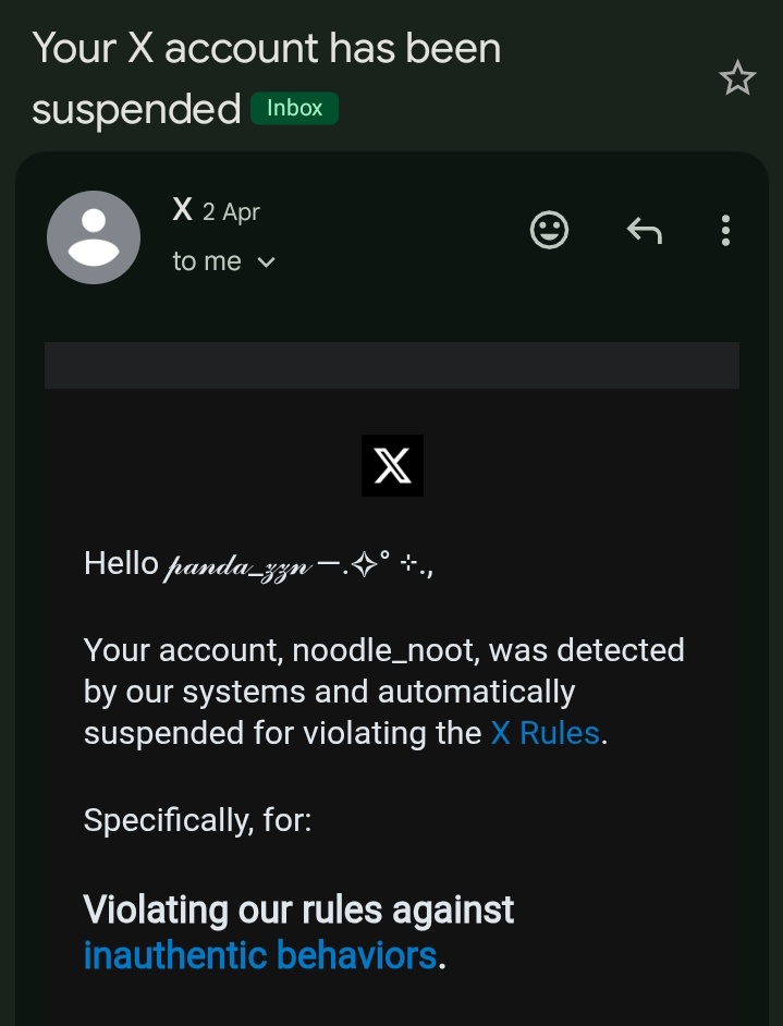 I was s-worded for inauthentic behavior anyway don't think anything else 😭