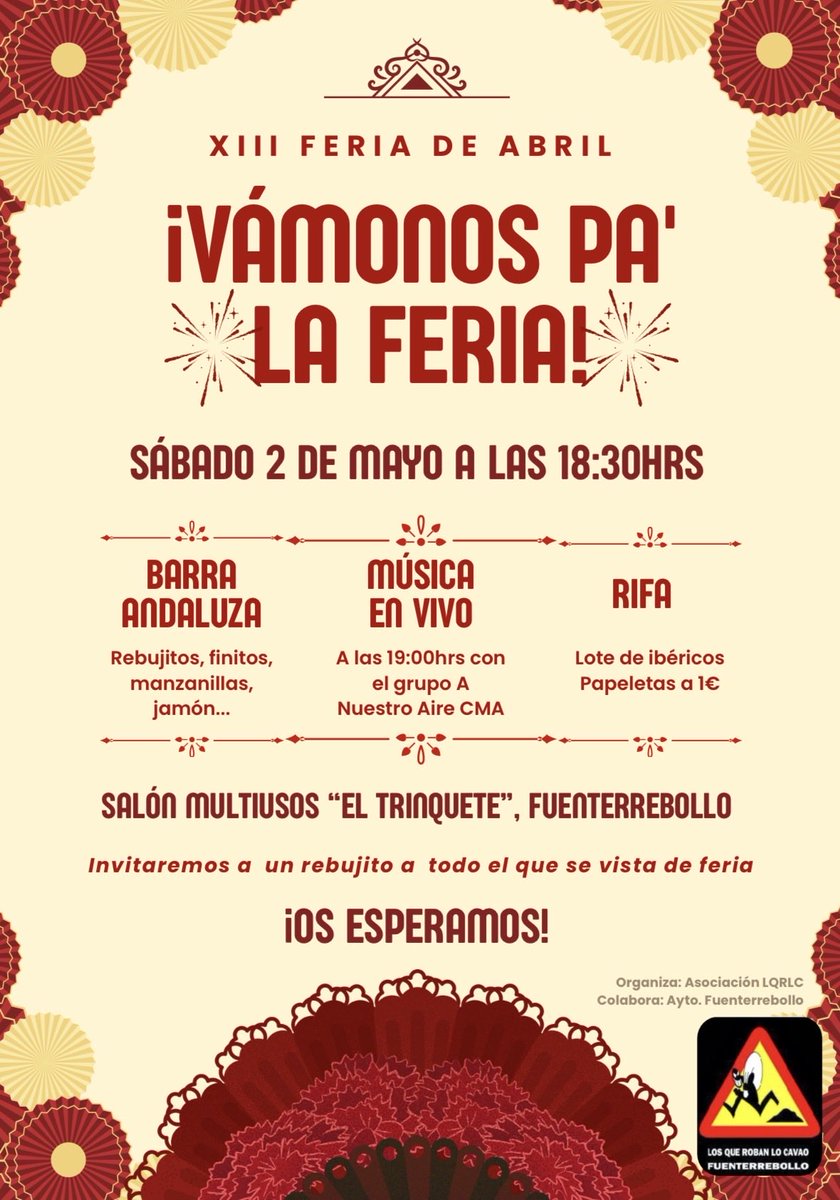 querobanlocavao's tweet photo. 🎉 ¡Vuelve la Feria de Abril a Fuenterrebollo!
Ven a pasar una tarde increíble con música en vivo, barra andaluza y rifa 🎶🍷
💃 ¡Y recuerda: si vienes vestido de feria, tienes rebujito!
¡No faltes! #Feriadeabril2026 #Fuenterrebollo https://t.co/ExzVX2CTbD