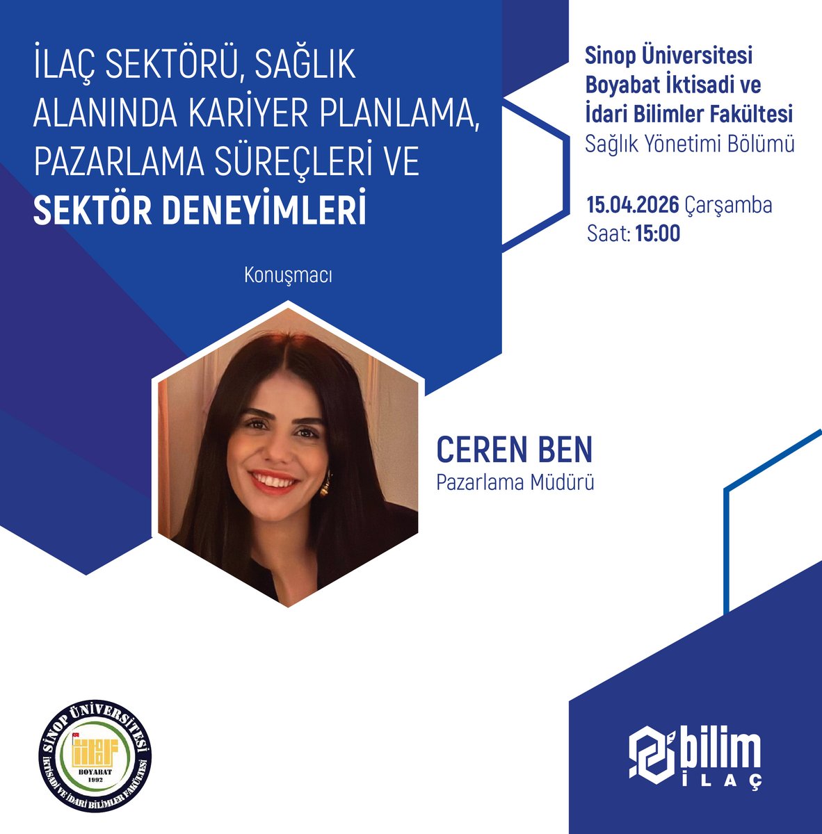 BilimKariyer's tweet photo. Pazarlama Müdürü olarak görev yapan Ceren Ben, Sinop Üniversitesi Boyabat İktisadi ve İdari Bilimler Fakültesi Sağlık Yönetimi Bölümü öğrencileriyle bir araya geliyor!

Sektörde edindiği deneyimleri, kariyer yolculuğunu ve mesleğe dair bilgilerini paylaşacağı bu buluşmaya ilgilenen tüm arkadaşlarımızı bekliyoruz...