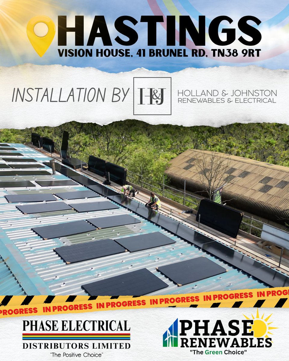 phaseelectrical's tweet image. A sunny solar installation is in progress at our Hastings branch ☀️

For a bright and green future, Holland &amp;amp; Johnston have been installing solar panels across the roof of our Hastings branch, and it's looking superb so far! 🔨

#solar #renewables #installation #hastings