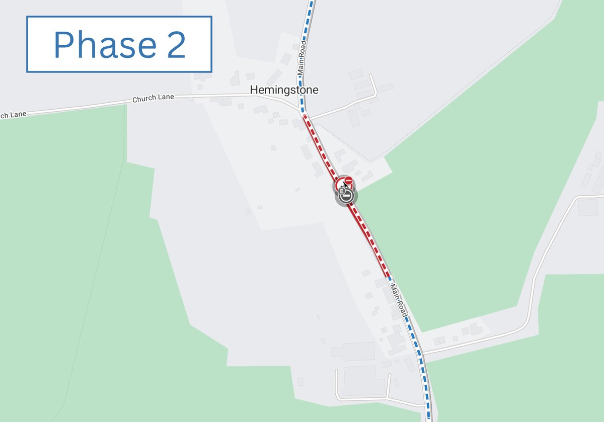 Suff_highways's tweet image. ⚠️ 𝙐𝙥𝙘𝙤𝙢𝙞𝙣𝙜 𝙬𝙤𝙧𝙠𝙨: Lower Rd and Main Rd, #Hemingstone will be closed 10am-3pm today (Wed 15 Apr) for road repairs.

The road will only need to be closed for a time during the advertised hours. Access will be maintained for residents and businesses throughout.#Suffolk
