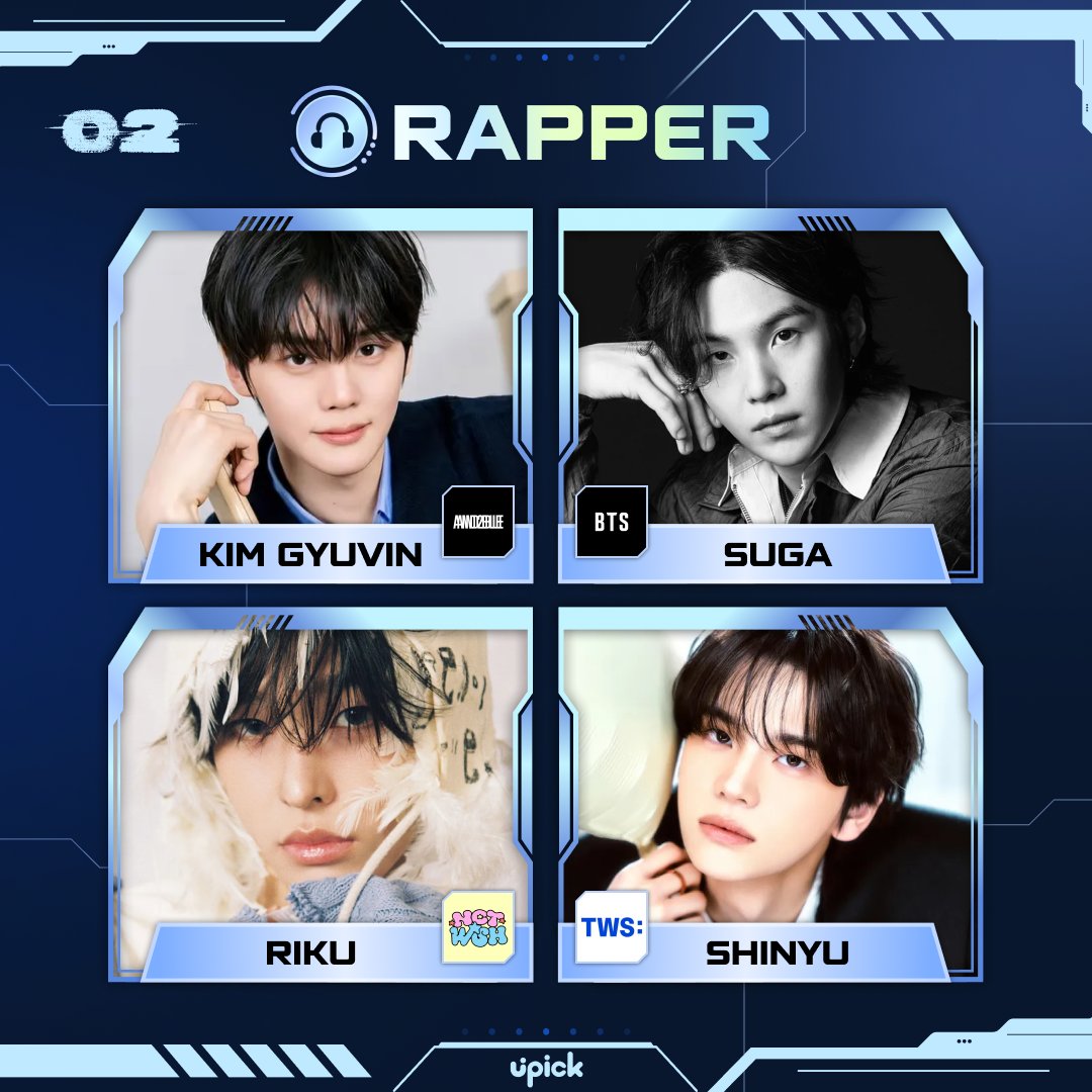 UPICK_twt's tweet image. Vote for the Best IDOL #Rapper🎧

트위터 사전 투표 4/16 2PM 시작 🔥
Twitter Pre-Vote Starts 4/16 2PM KST

#앤더블 #김규빈 #AND2BLE #KIMGYUVIN
#방탄소년단 #슈가 #BTS #SUGA
#엔시티위시 #리쿠 #NCTWISH #RIKU
#투어스 #신유 #TWS #SHINYU

📌1위, 2위는 앱 결선 진출
1st, 2nd place will