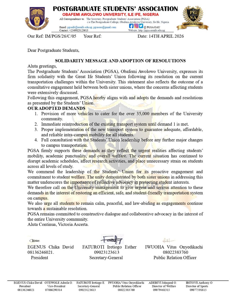 <a href="/OAUniversity/">Obafemi Awolowo University</a> <a href="/GreatIfeSport/">Great Ife Students’ Union Sports</a> <a href="/GreatIfe_SU/">Great Ife Students' Union</a>  <a href="/itabi_001/">Itabi001</a>
<a href="/drealbigvirg/">BIG VIRG</a>
<a href="/aojjustaoj/">AOJ is on Fanatix𓃵</a>

Together in the struggle....