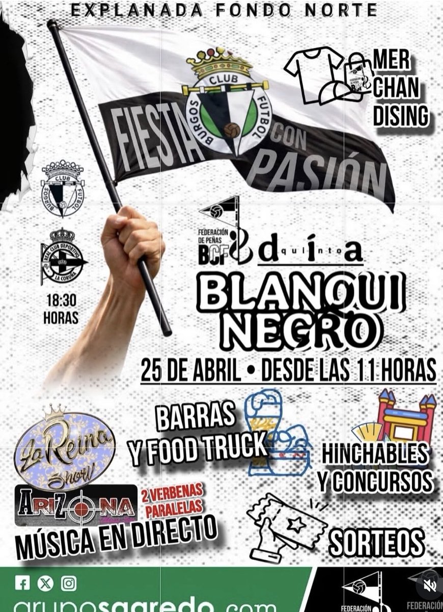 pbcv's tweet photo. 🚨 No os olvidéis, el sábado 25 tienes la fiesta del día blanquinegro organizado por la @FPBurgosCF 🚨

Desde las 11h, muchas actividades:

- Merchandising.
- Hinchables.
- Concursos.
- Sorteos.
-Musica en directo 
- Barras y food truck
Y mucho más..

Ven y disfruta. https://t.co/KWUKyYrF89