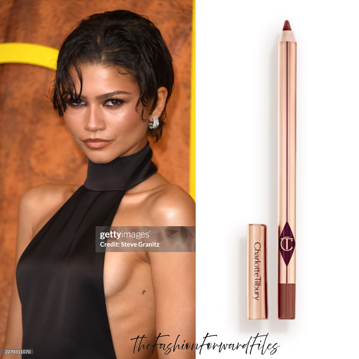 Zendaya wearing Charlotte Tilbury Foxy Brown lip cheat lip liner