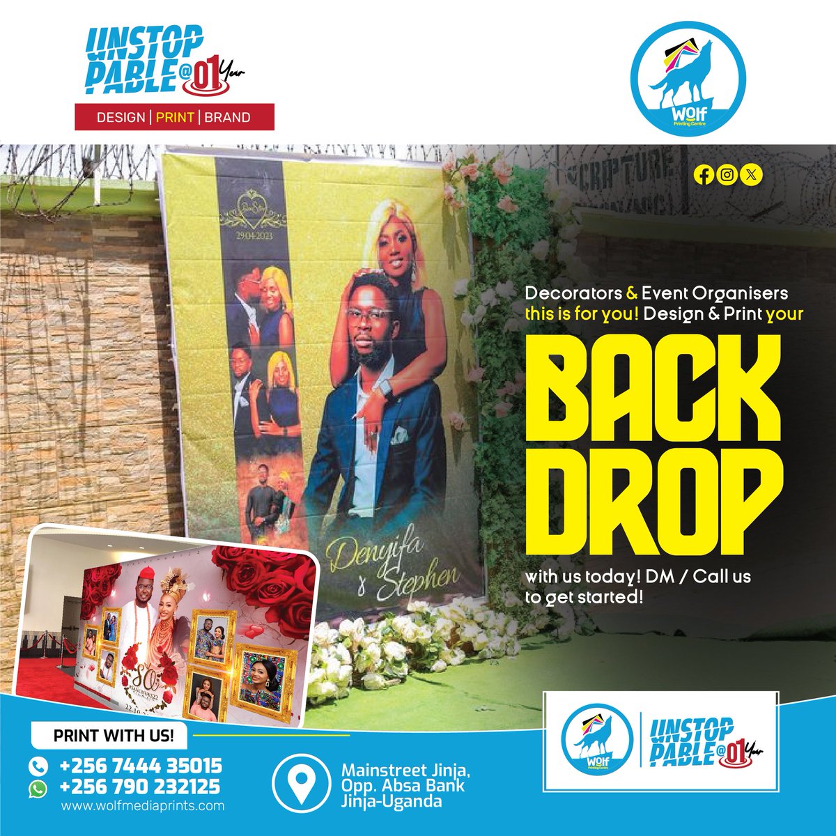WOlfMedia_ug's tweet photo. Decorators &amp; Event Organizers this is for you! Design &amp; Print your Back Drop Banners with Wolf Printing Centre today. We're just a phone call away from you. DM us today on 0790232125 / 0744435015 📍 We're on Mainstreet Opp. Absa Bank Jinja https://t.co/kqYW8XNO47