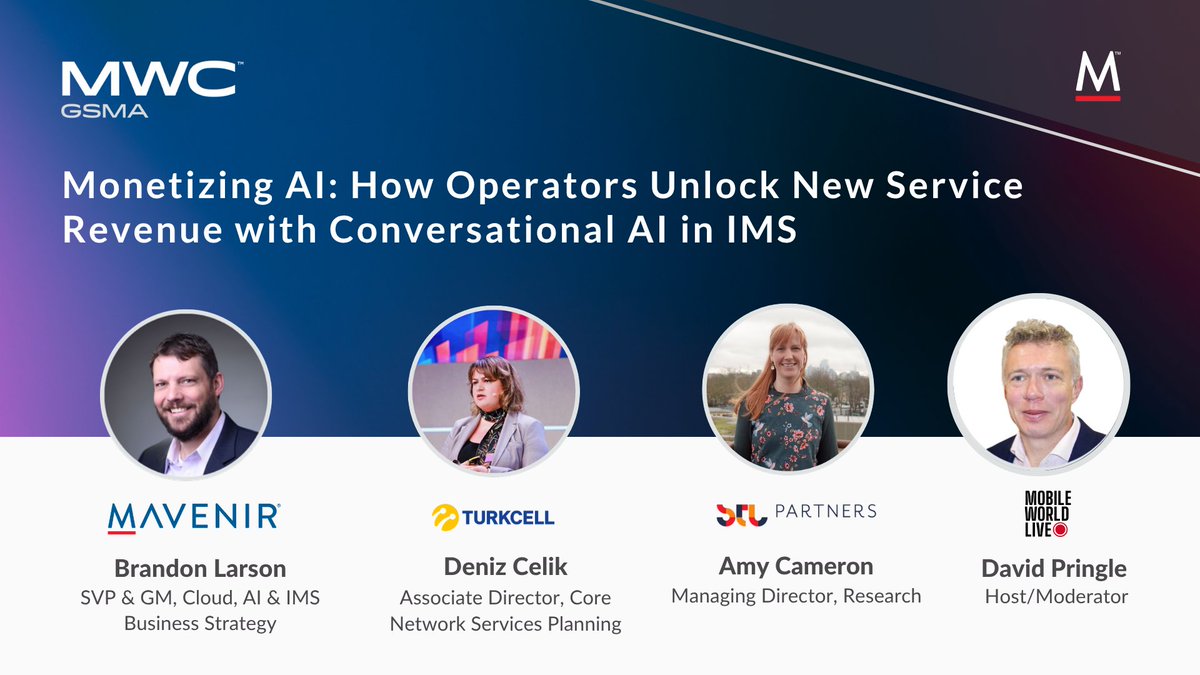 Mavenir's tweet image. Panel on Monetizing AI with @Turkcell and @STLPartners exploring how operators can unlock new service revenue through conversational AI in IMS. Watch the full session here: na2.hubs.ly/H04TTh_0

@mobileworldlive #AI #AINative #ConversationalAI #TelcoMonetization #IMS