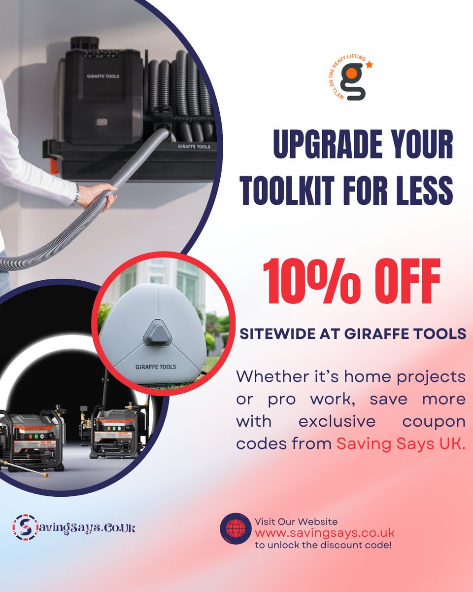 SavingSaysUK's tweet image. Stop paying full price for quality tools. 🔧
Visit savingsays.co.uk/stores/giraffe… to save 10% at @giraffe_tools 
#giraffetools #couponcode #ukdeals #savemoney #shopsmart #couponcodes #couponing #promocodes #savingsaysuk