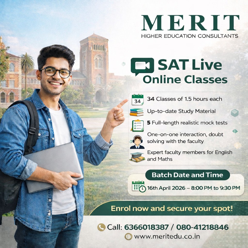 MeritHigherEdu's tweet image. 🚀 Get Ready to Crush the SAT! Our Online SAT Coaching kicks off on  16th April 2026! 📅✨ 🔗 Register Now
📍 Merit Higher Education Consultants
📞 Call: 6366018387 | ☎️ Landline: 080-41218846
🌐 Visit: meritedu.co.in

#SATPrep #OnlineCoaching