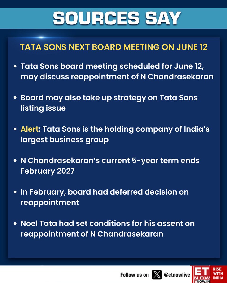 ETNOWlive's tweet image. #SourcesSay | Tata Sons board meeting scheduled for June 12, may discuss reappointment of N Chandrasekaran 👇

@anujosh_aj #AirIndia #TataSons #IPO #StockMarketIndia