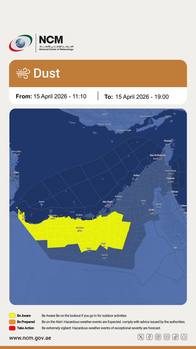 ncmuae's tweet image. Fresh Northwesterly winds causing blowing dust and sand reducing the horizontal visibility to less than 2000 m over some coastal and internal areas from 11:10 until 19:00 Wednesday 15/04/2026.
#Alert #Dust_Alert #NCM