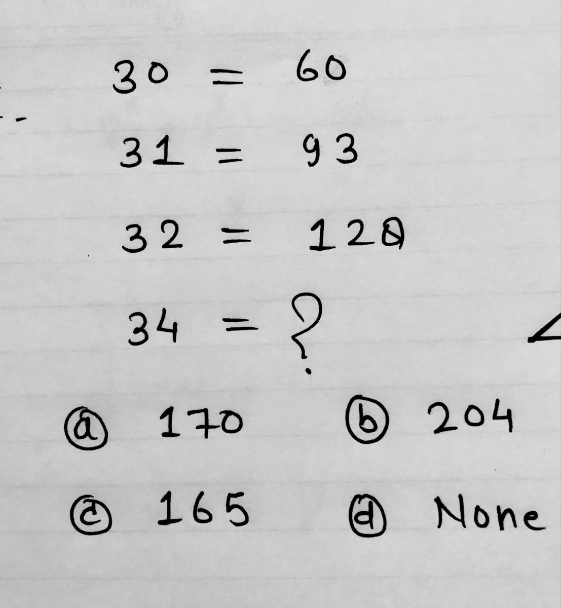 mathtech789's tweet image. 30=60
31=93
32=128
34=?