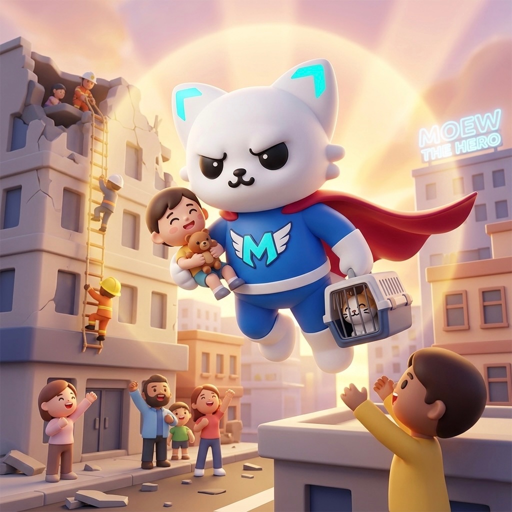 MOEW THE HERO just dropped! 🦸‍♂️
Saving kids, cats, and the whole market.
$MOEW is here.⚡️🐾