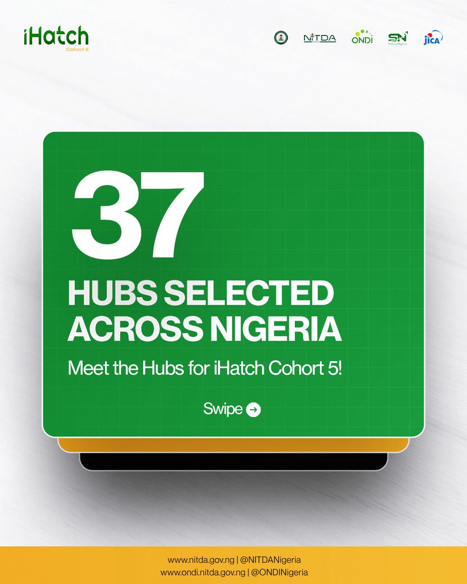 ONDINigeria's tweet photo. We’re proud to announce the official Hubs selected across the 37 states for iHatch Cohort 5.

These Hubs will serve as local structures to support founders, coordinate activities, and strengthen startup communities within their regions.

Dear Startup Founders, you can now find your state’s Hub and connect with them.

#iHatch #iHatchCohort5 #TechHubs #ONDI #NITDA