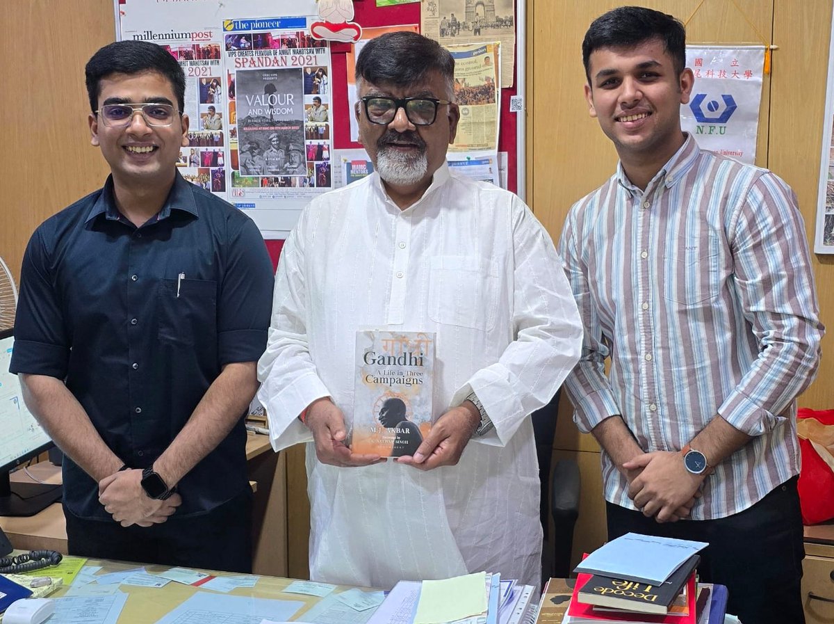 Today, Aditya &amp; Ankit, MA(MC) batch 2024-26 of <a href="/VIPS_Delhi/">VIPS - Delhi</a> surprised me with a signed copy of MJ Akbar's - Gandhi; A life in Three Campaigns. Why they chose this book, they said, "Sir, in these years we now know, who your life's inspiration is." #Gandhi #CinemaLovers #BookLovers