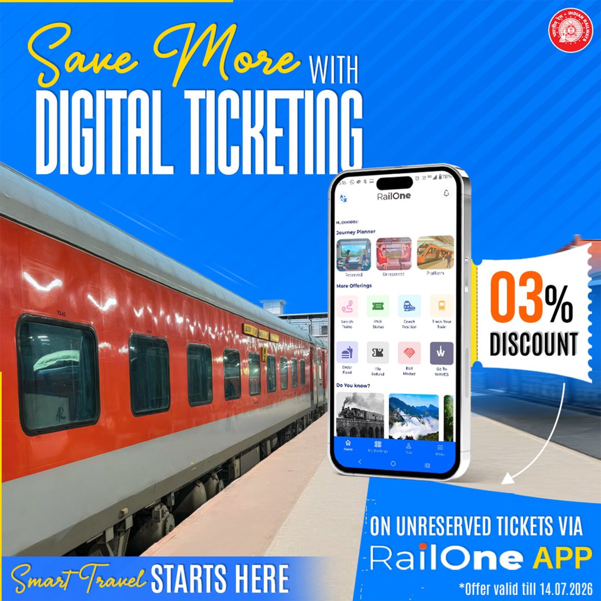 DRMBRCWR's tweet image. Go digital and save!💰
Get a 3% discount on all unreserved tickets when you book via digital payment on the RailOne app. Quick, easy, and lighter on the pocket. 📲

#RailOne #benifits #bookonline #vadodaradivision