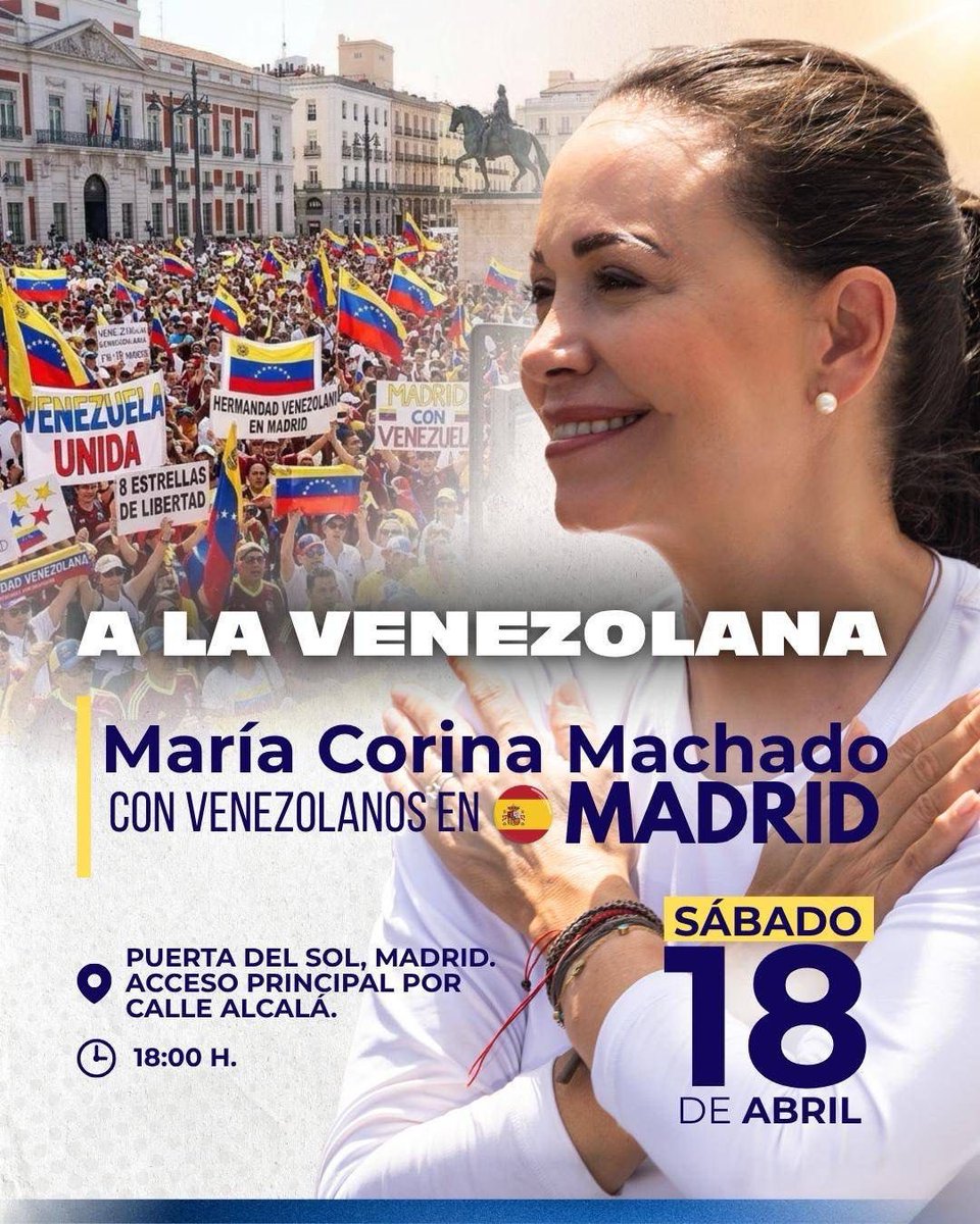 ConVzlaComando's tweet photo. @MariaCorinaYA @COPE “A todos los que nos van a acompañar: ¡Nos vemos este sábado 18, a las 18h, en la Puerta del Sol en Madrid!”.

#ALaVenezolana

🇻🇪 @MariaCorinaYA en entrevista para @COPE 

📲 Aquí puedes escucharla:
https://t.co/uwoxyFxcAI https://t.co/XPy0Wfy2qX