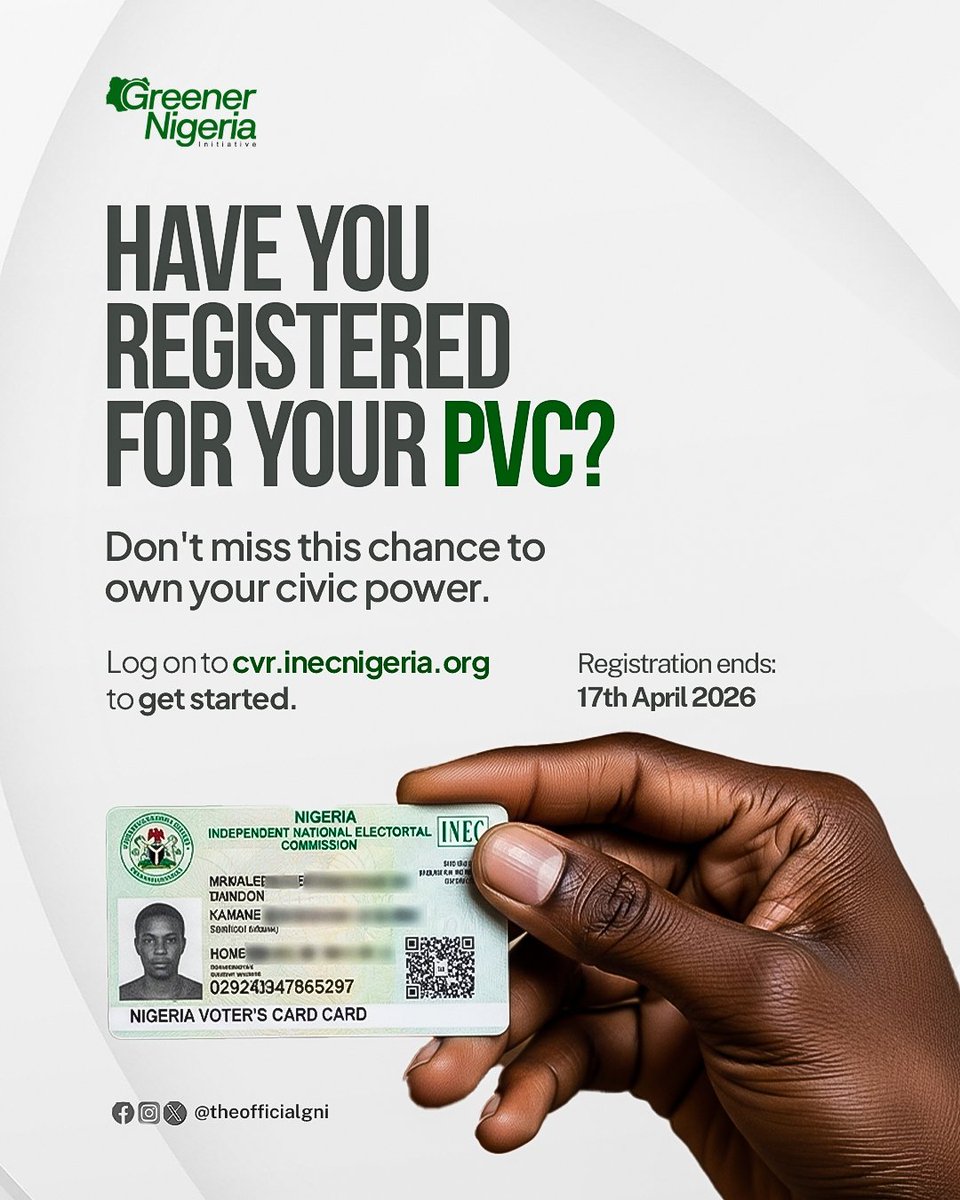 theofficialgni's tweet photo. 2 DAYS LEFT!!!
Have you registered for your PVC yet? 🇳🇬🗳️
Registration ends in 2 days — 17th April, 2026!
Log on to https://t.co/mhluckg6FN to get started.
Register now. Your voice matters.
#PVCRegistration #INEC #VoteNigeria #CivicPower #GreenerNigeriaInitiative https://t.co/T3ac4RuDgK