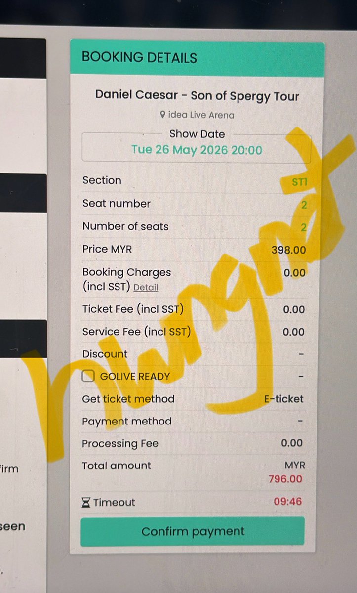 hwngnet's tweet photo. anyone need 2tix for daniel caesar in kl on tuesday 26/5? have 2 in cart! ori price + RM40 each ticket (TS fee)

reply/dm, fpfs only

#DanielCaesarinKL wts tickets https://t.co/FADgbCmfuD