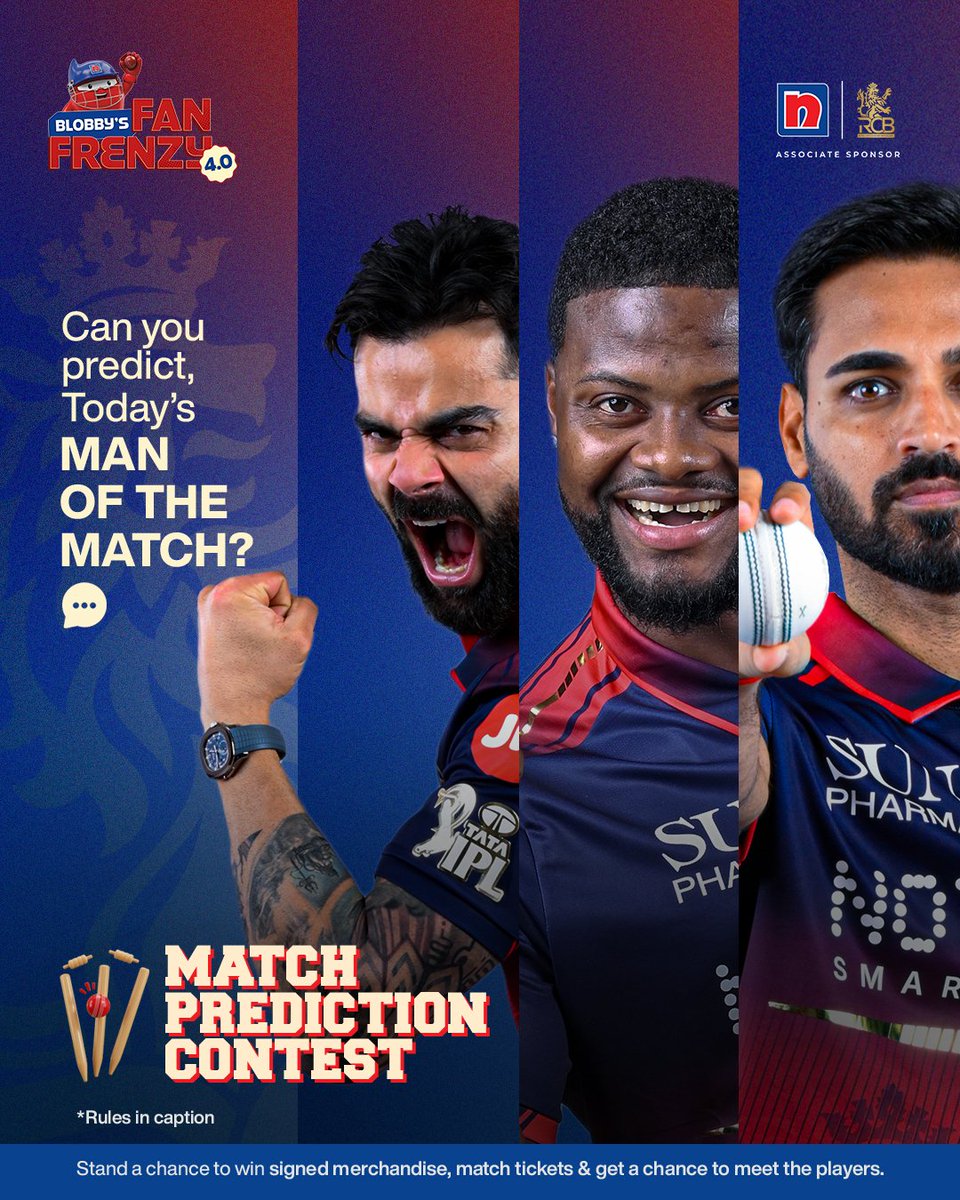 NipponIndia's tweet image. The stakes just went up! Predict the Man Of The Match for today. Get a chance to meet @RCBTweets players! Share your predictions in the comment section.
1. Tag 3 friends in the comments
2. Use #BlobbysFanFrenzy &amp;amp; #NipponPaintIndia
3. Follow @NipponIndia
4. RT this
#ContestAlert
